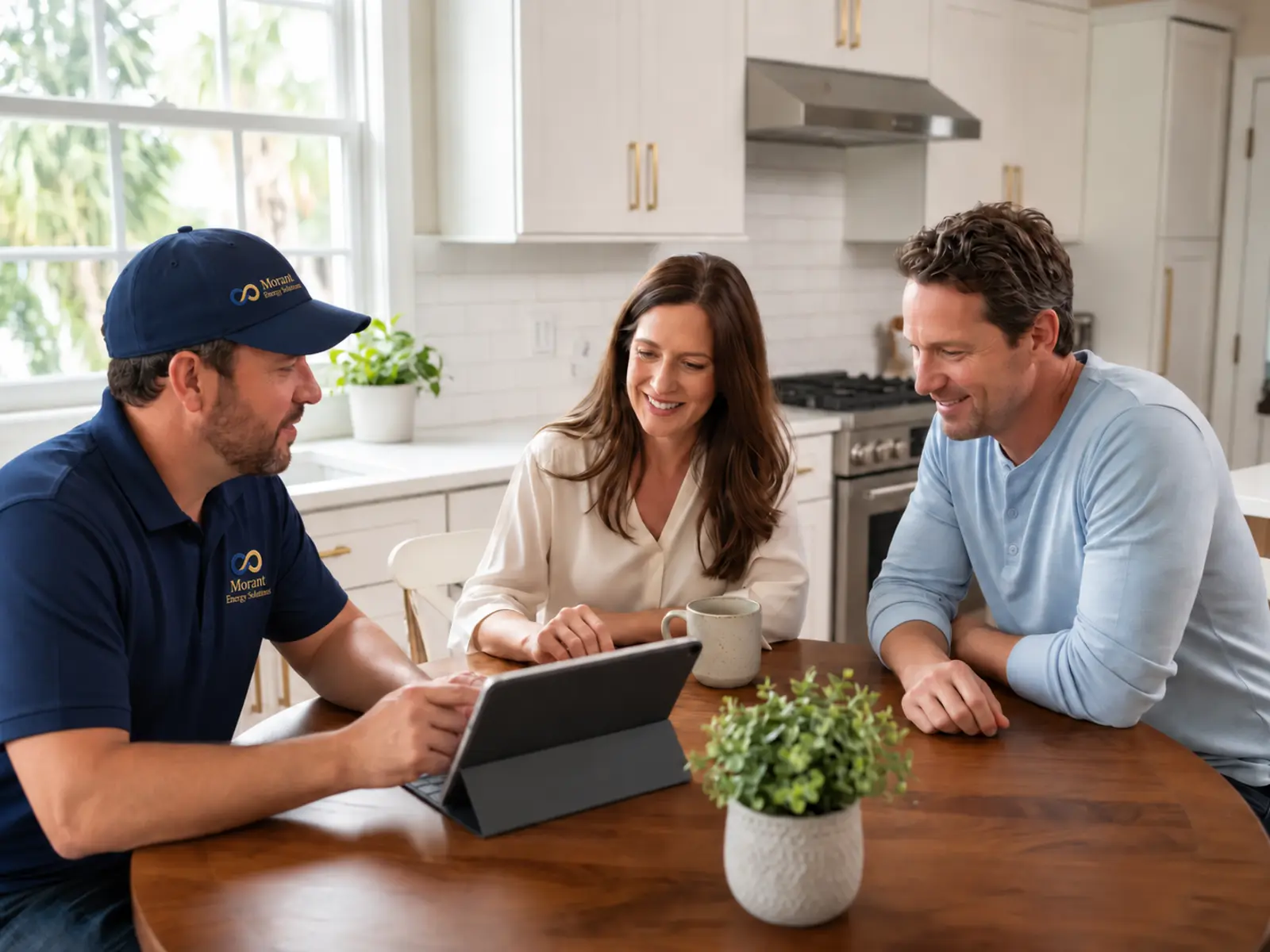 A Morant consultant reviewing backup-power options with a Houston couple at their kitchen table