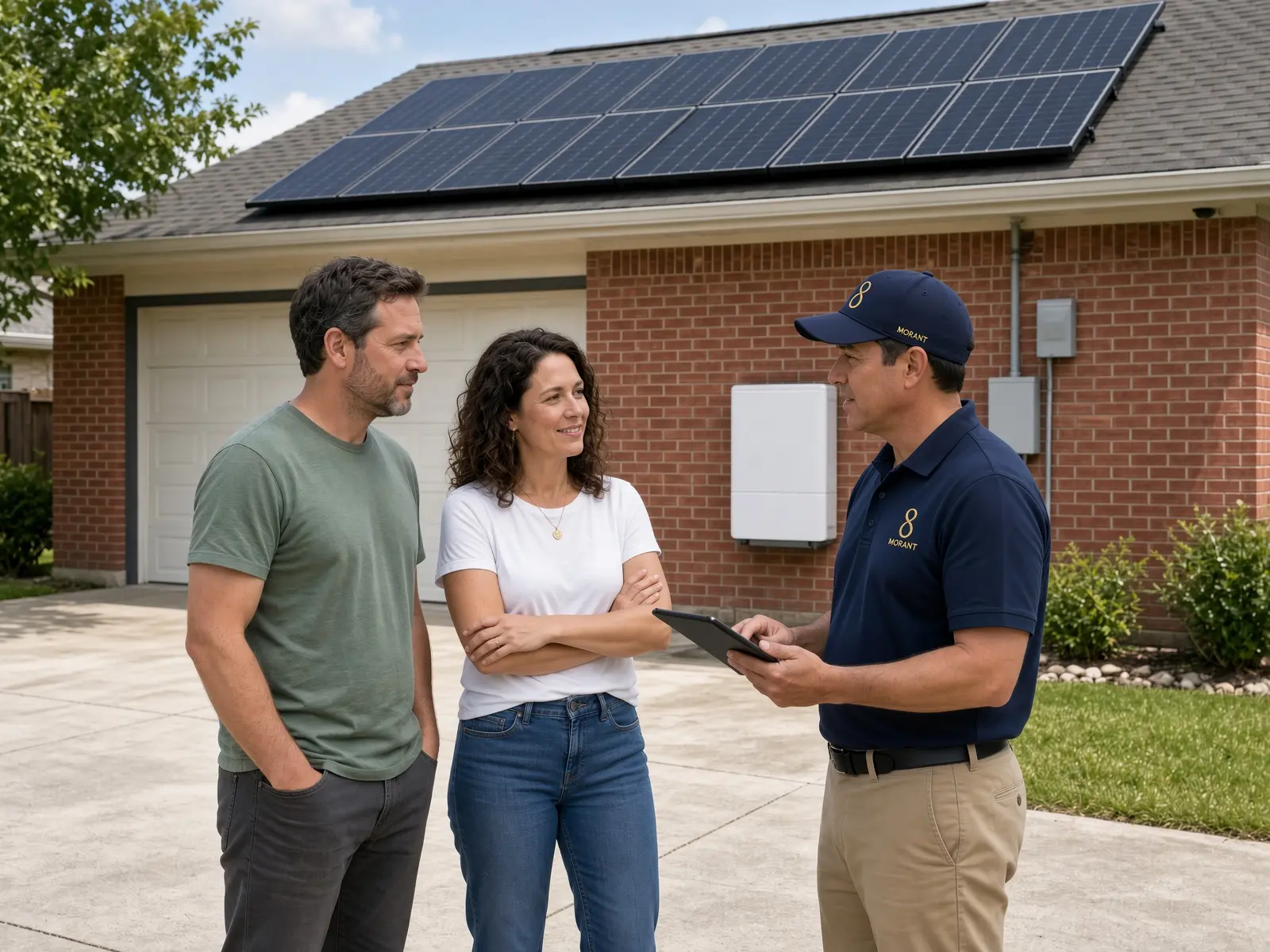 A Houston couple reviewing a solar and home-battery system with a Morant consultant